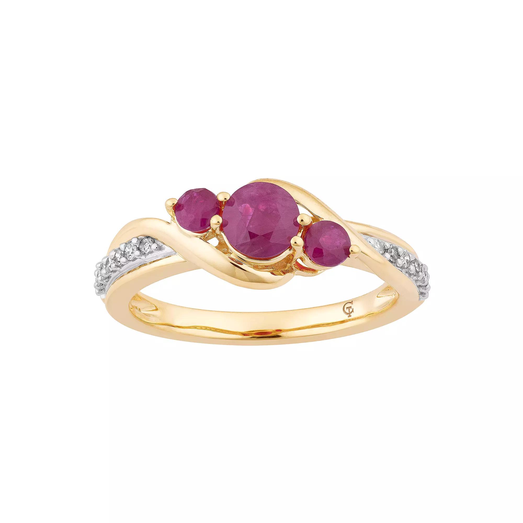 10k Gold Ruby & 1/10 Carat T.W. Diamond 3-Stone Ring, Women's, Size: 6 Product Image