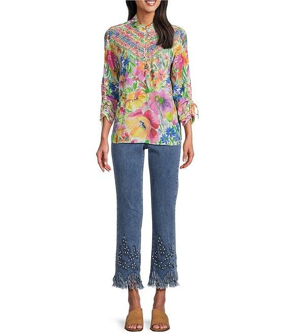 John Mark Beaded Floral Straight Leg Cropped Pants Product Image