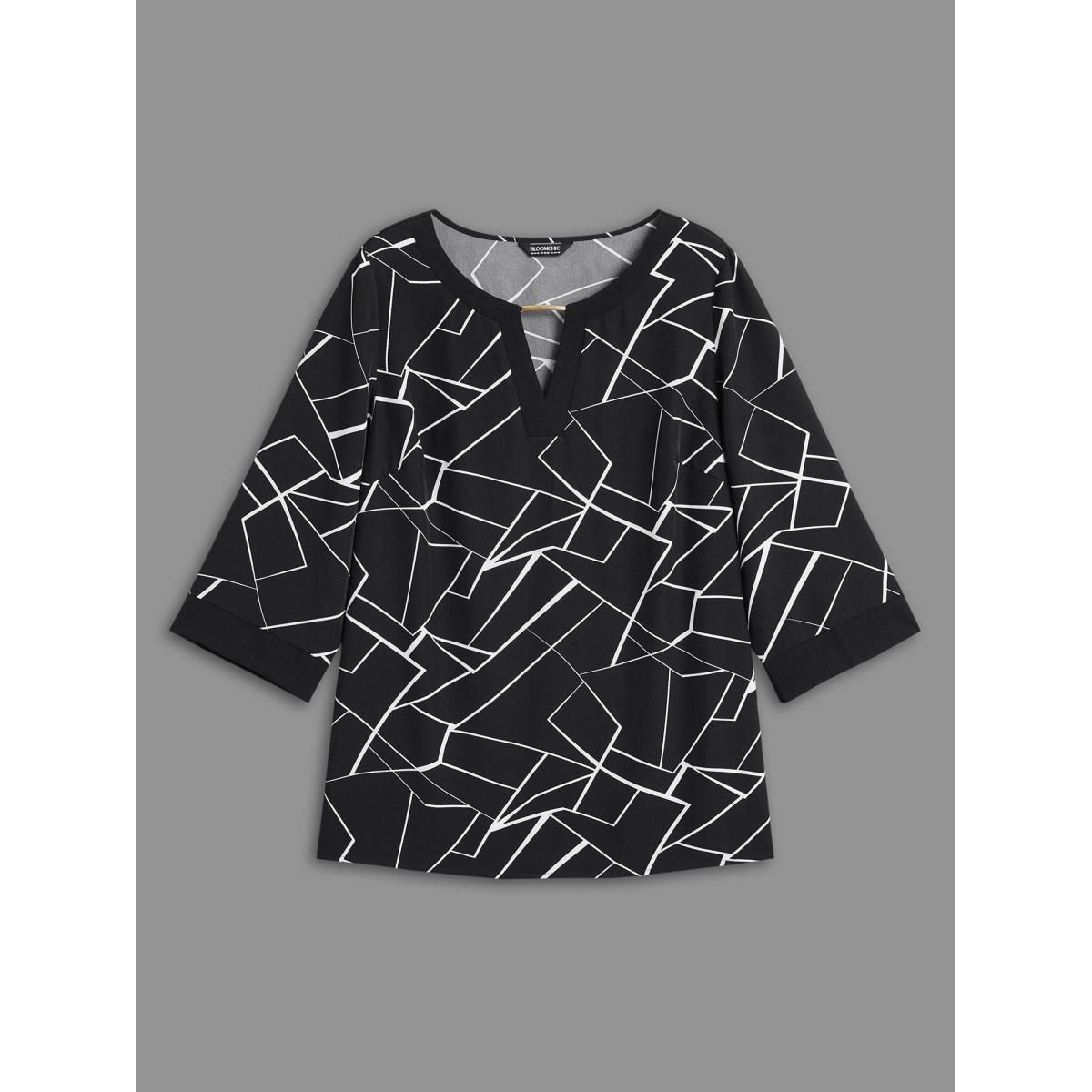 Plus Size Black Geometric Print Metal Detail Spliced Blouse Women At the Office Elbow-length sleeve Round Neck Office Blouses BloomChic 18-20/2X Product Image