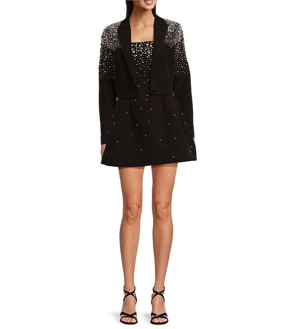 Muse by Marchesa Moonflower Crepe Jeweled Beaded Pearl Notch Lapel Long Sleeve Button Front Cropped Coordinating Blazer Product Image