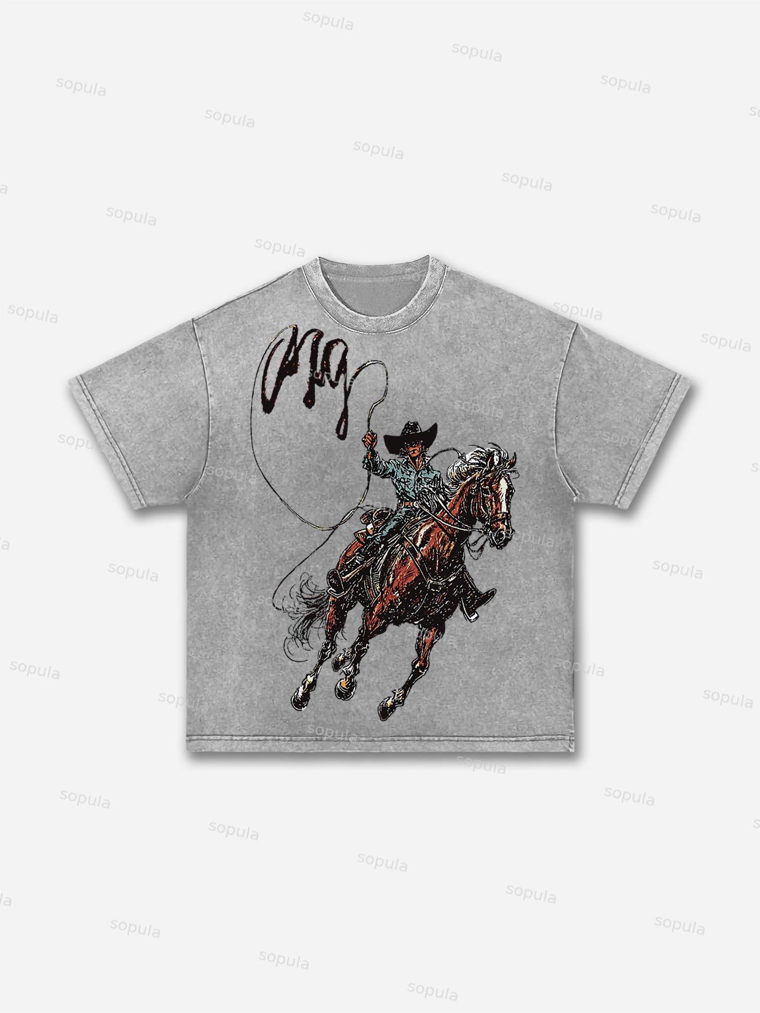 Men's Vintage Western Cowboy Graphic Acid Wash T-shirt Product Image