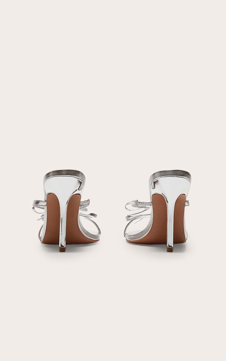 Silver Pu Round Toe Bow Strap High Stiletto Heeled Mules Product Image