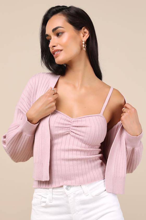 Cutest Duet Dusty Rose Knit Cami Top and Cardigan Sweater Set Product Image
