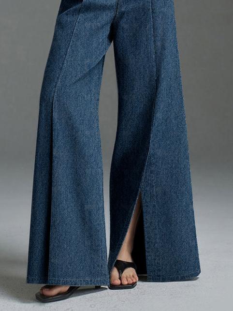 Wide Leg No Belt Solid Color Split-Front Jean Pants Bottoms Trousers Product Image