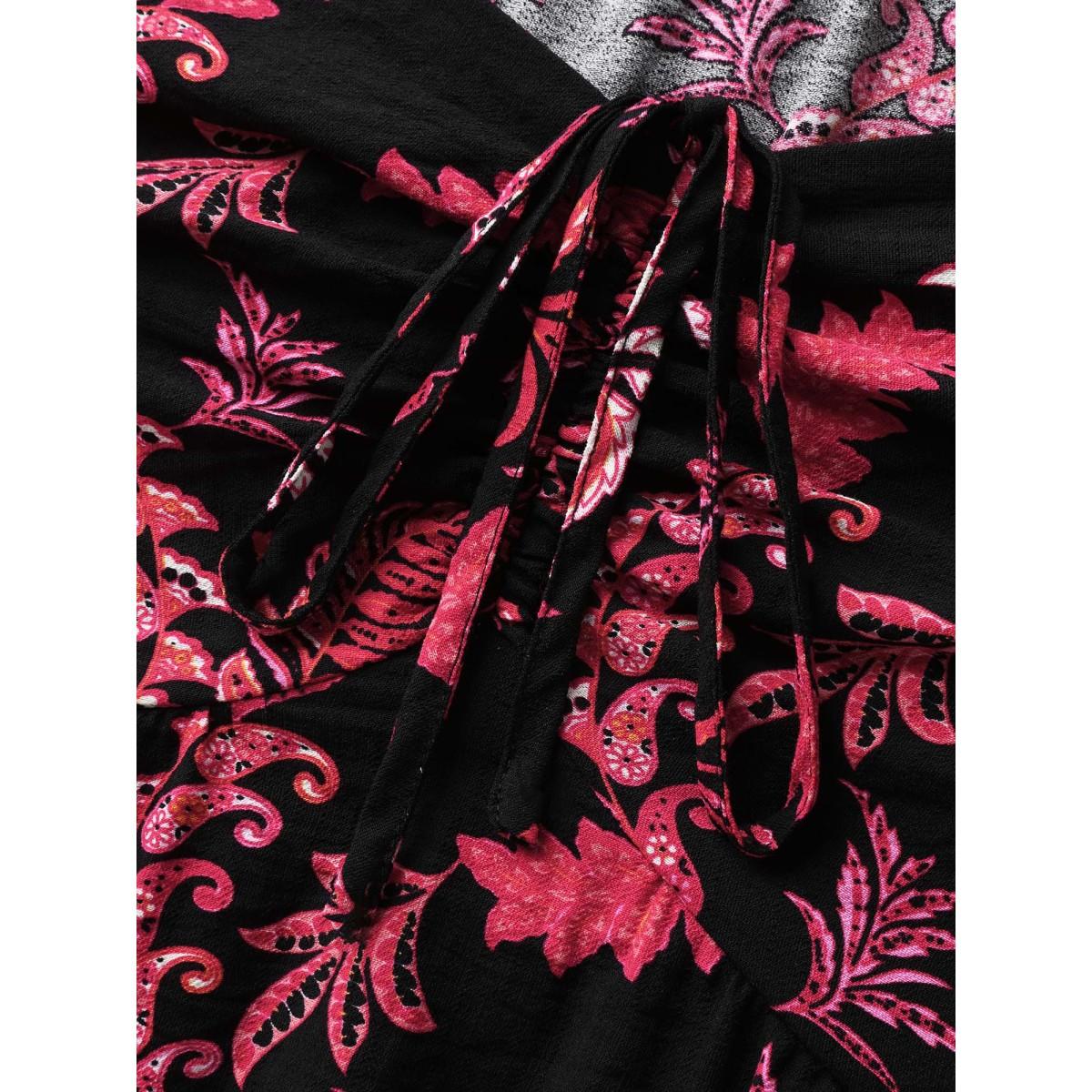 Plus Size Black Boho Print Neck Tie Flowy Shirt Women Short sleeve Heart neckline Vacation Blouses BloomChic 12/L Product Image