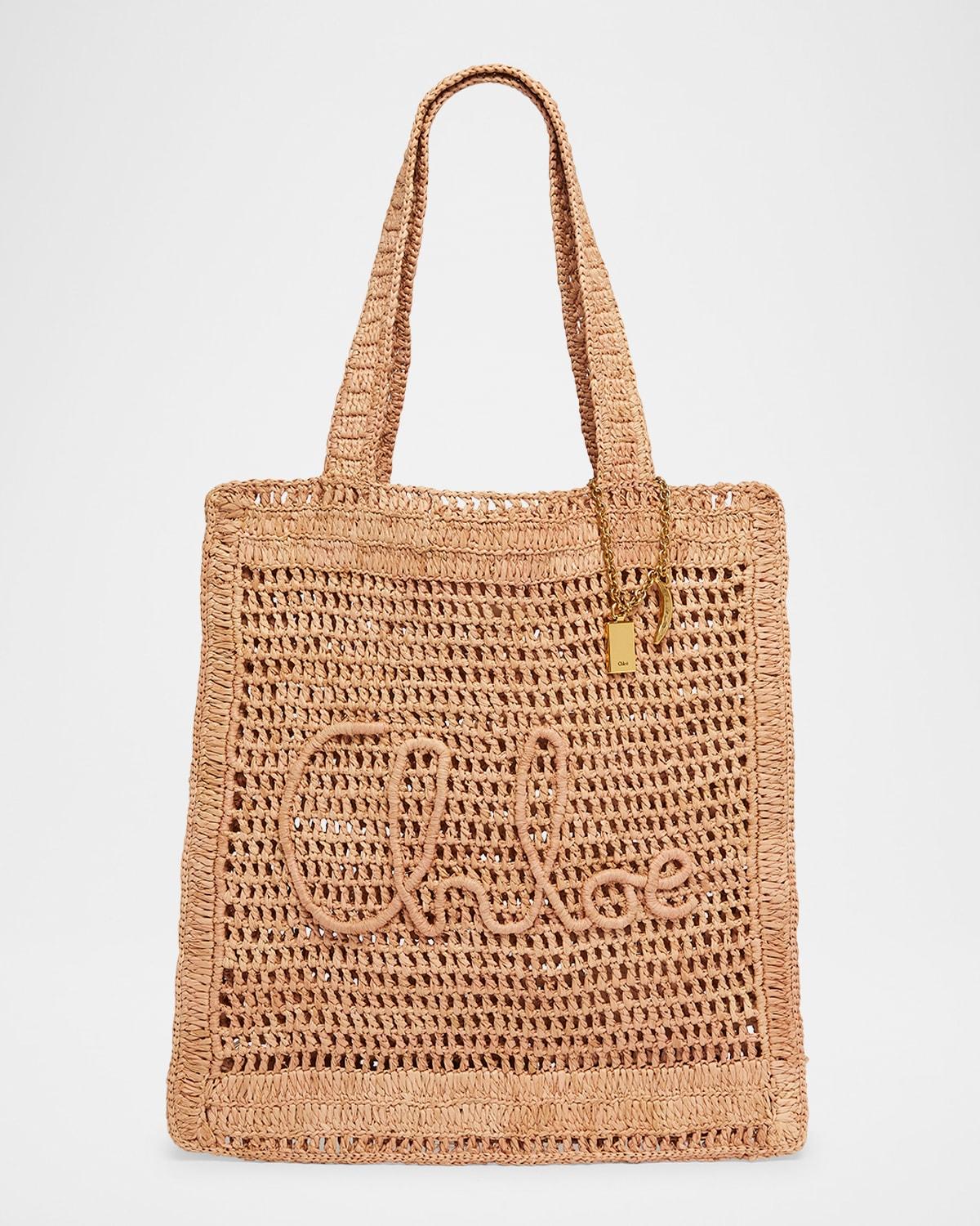 CHLOÉ Summer Banana Embellished Crocheted Embroidered Faux Raffia Tote In Beige Product Image