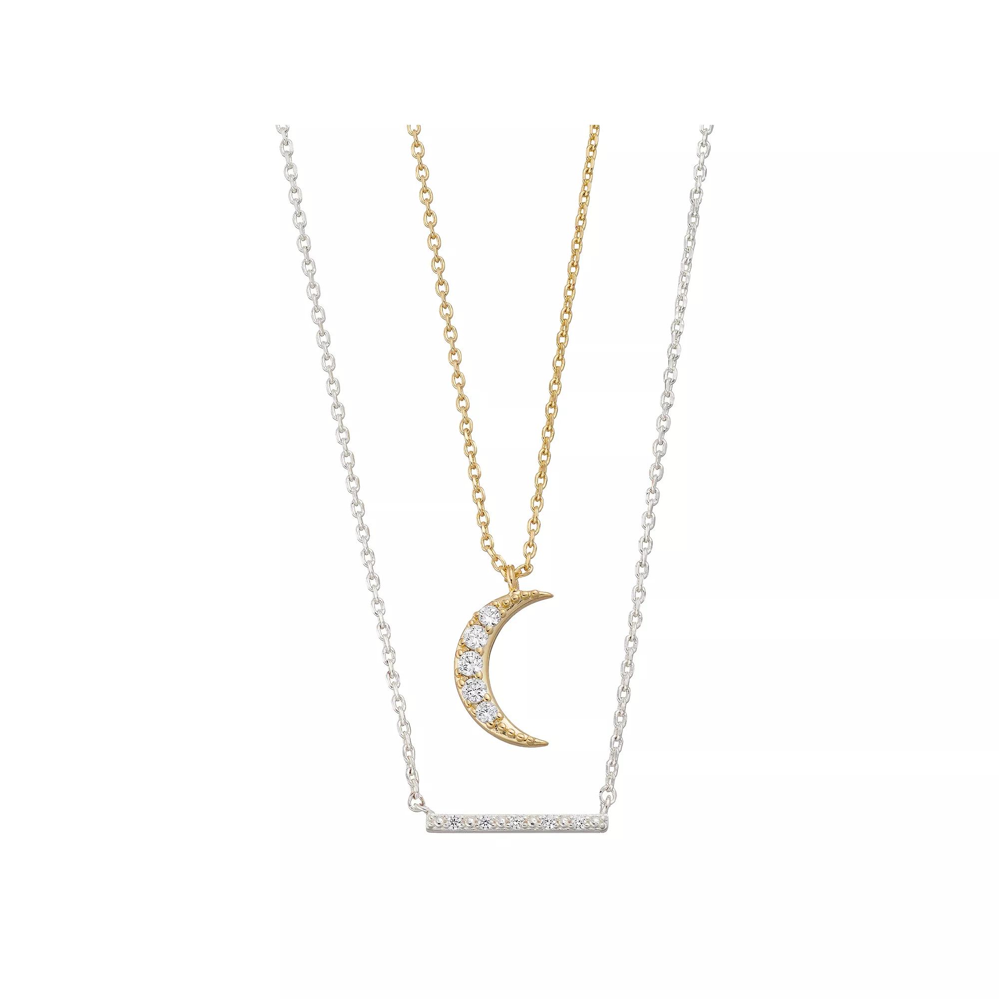 City Luxe Two Tone Cubic Zirconia Moon & Bar Necklace Set, Women's, Two Tone & Clear Product Image