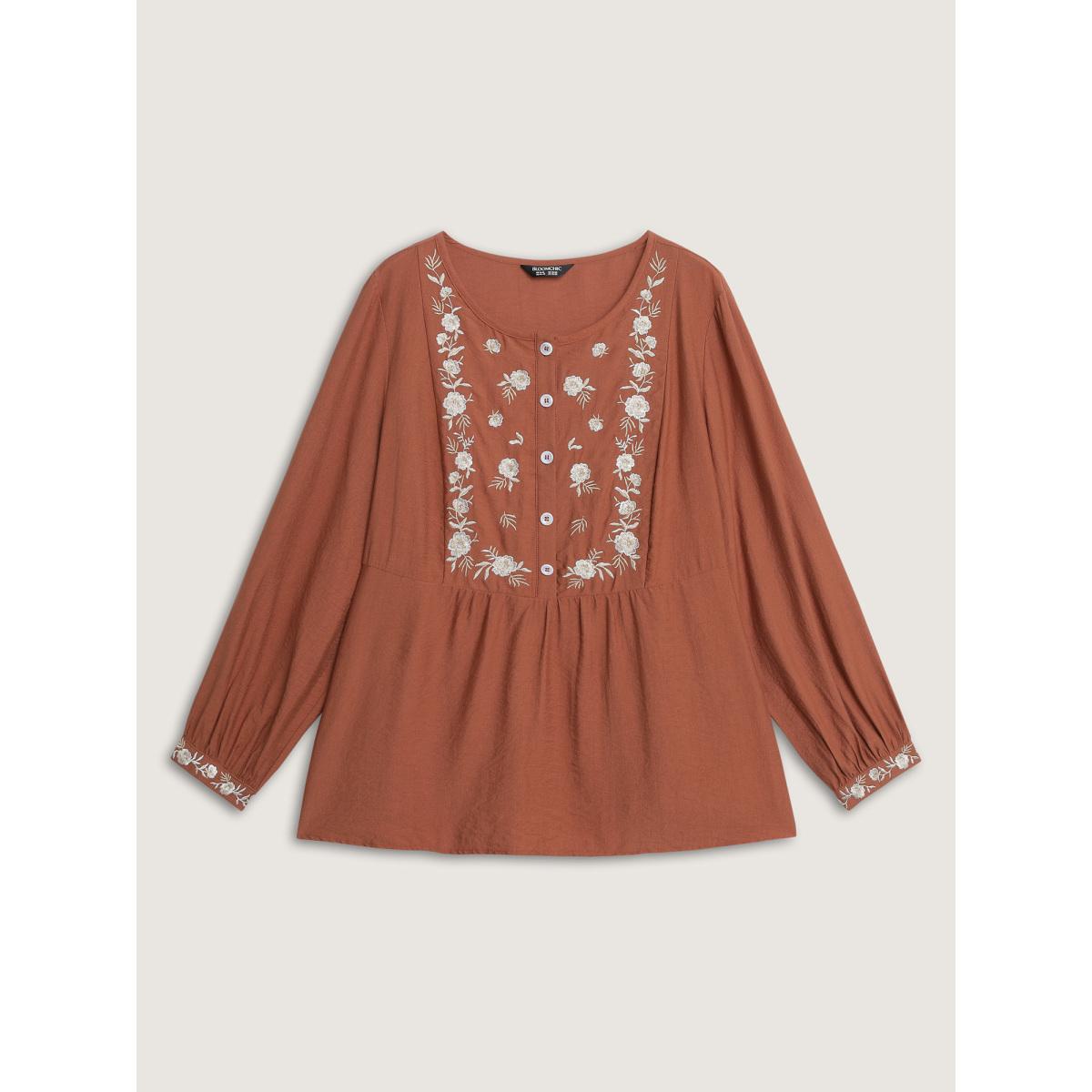 Plus Size Rust Supersoft Floral Embroidery Button Blouse Women Boho Extra Long Sleeve Round Neck Vacation Blouses BloomChic 12/L Product Image