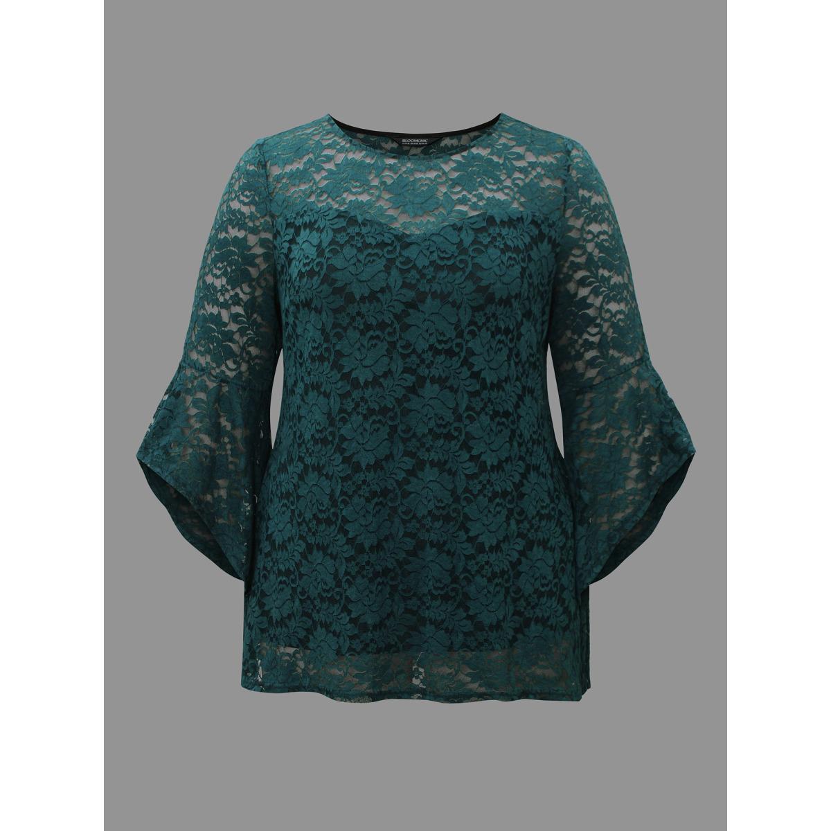 Plus Size DarkGreen Sheer Lace Irregular Sleeve Lined Shirt Women Romantic Long Sleeve Round Neck Elegant Blouses BloomChic 30/6X Product Image