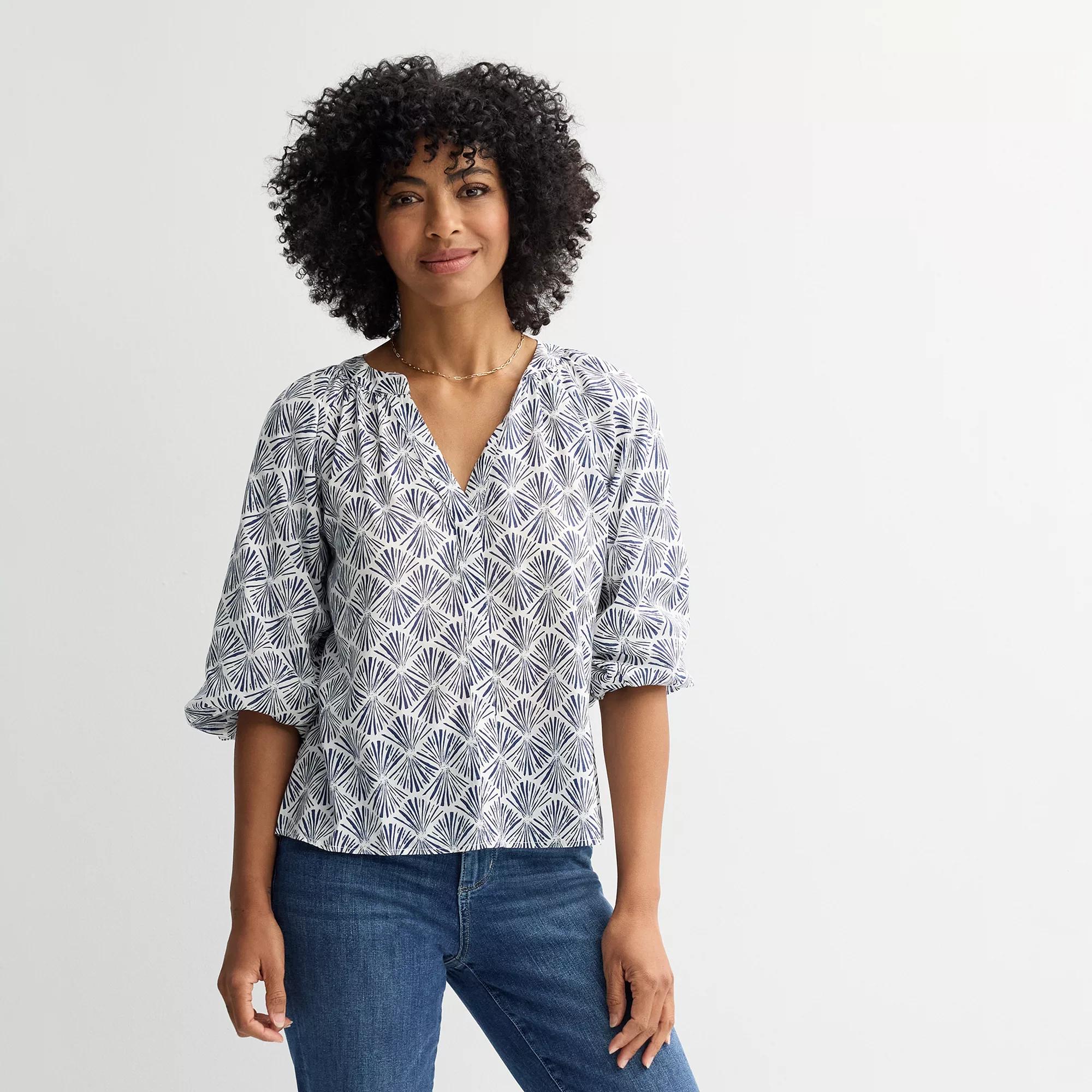 Petite Sonoma Goods For Life Shirred Y-Neck Balloon Sleeve Blouse, Womens Navy White Print Product Image