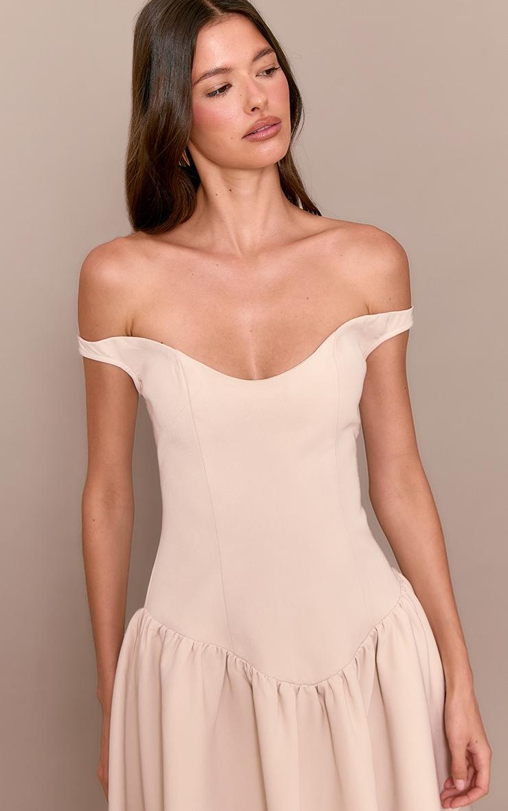 Cream Woven Dipped Bardot Ruched Midaxi Dress Product Image