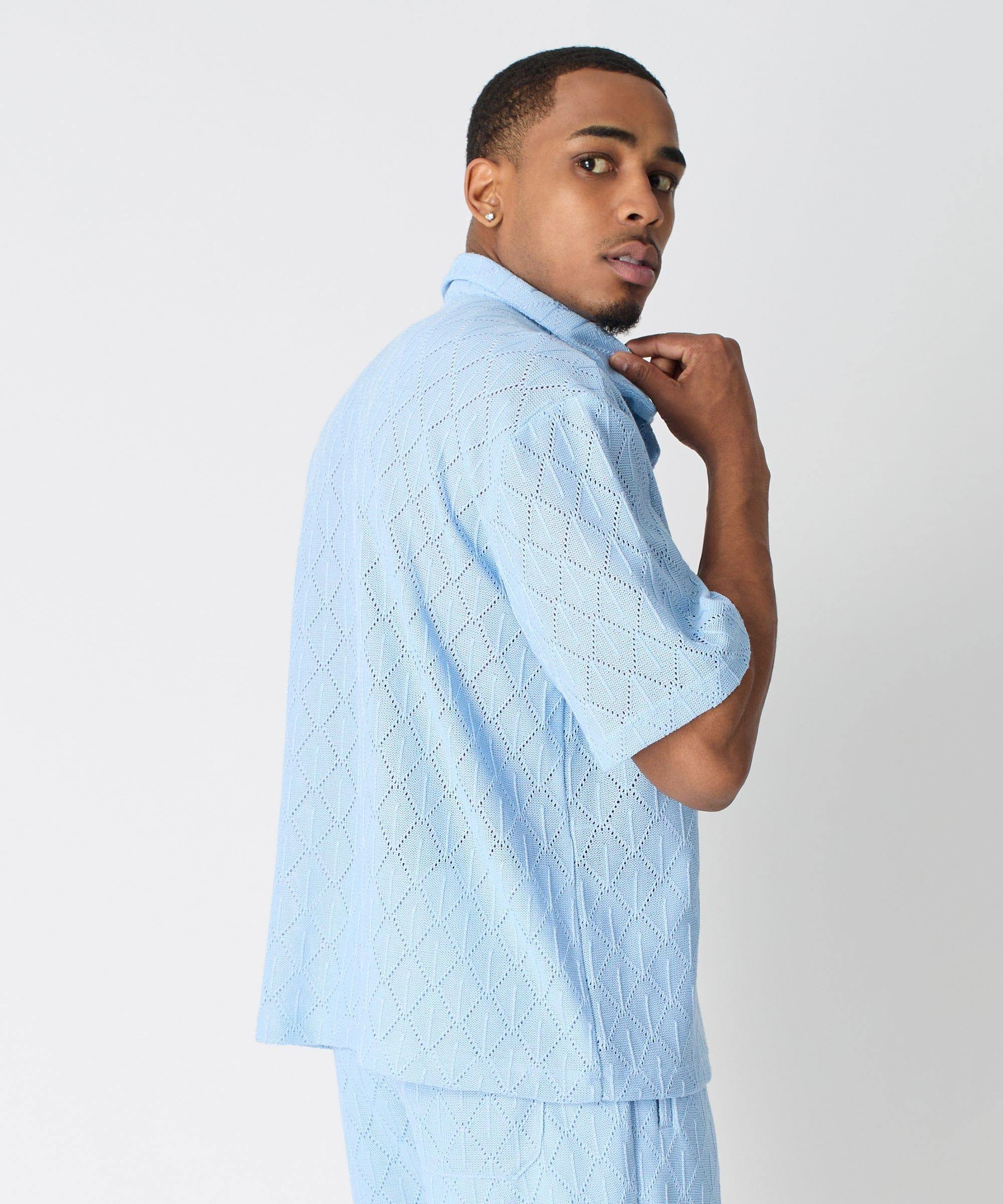 Diamond Plate Towel Color Blocked Short Sleeve Button Down Shirt - Light Blue Product Image