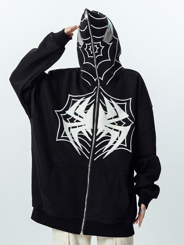 Contrast Color Spider Print Full Zip Oversized Hoodie Product Image