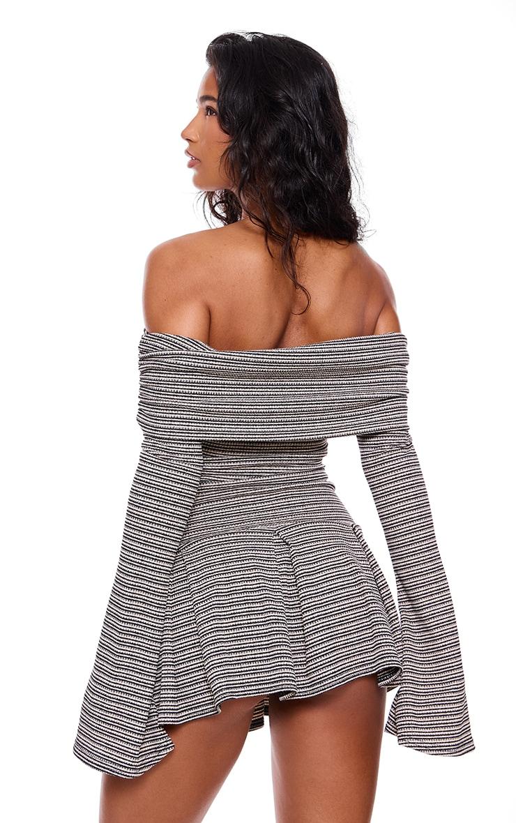 Monochrome Textured Bardot Flared Sleeve Shift Dress Product Image