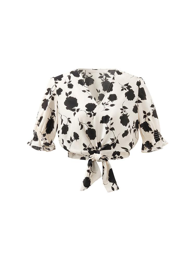 Acetate Rose Print Blouse And Half Skirt Two-Piece Set Product Image