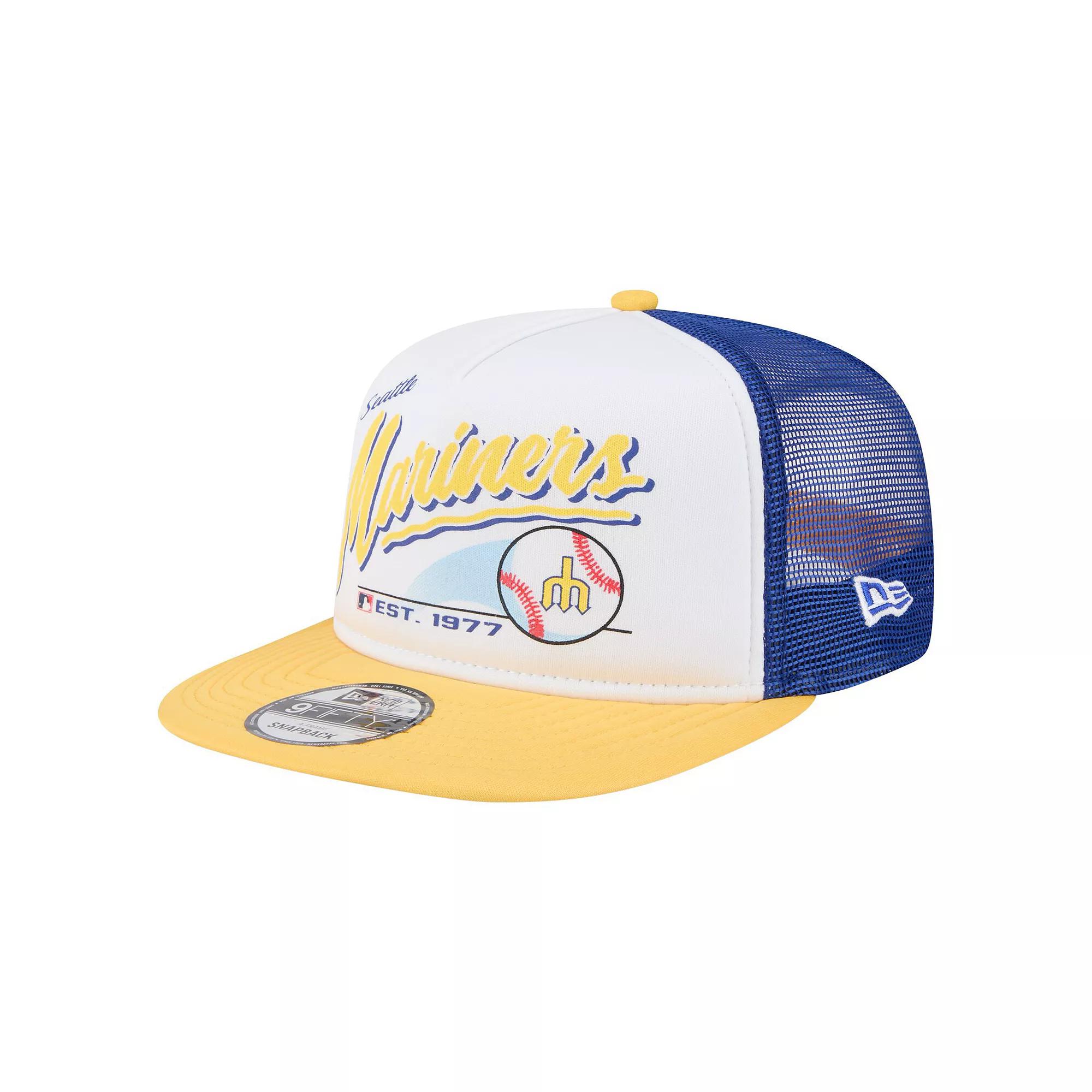 Mens New Era /Yellow Seattle Mariners Retro Script Trucker 9FIFTY Snapback Hat Product Image