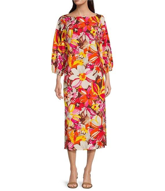 FRANCES VALENTINE Minnow Sun Flower Boat Neck 3/4 Sleeve Midi Dress Product Image