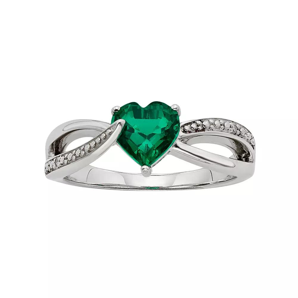 Lab-Created Emerald and Diamond Accent Sterling Silver Heart Bypass Ring, Women's, Size: 8, Green Product Image
