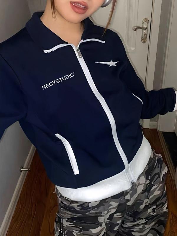 Contrast Color Embroidery Double Zipper Jacket Product Image