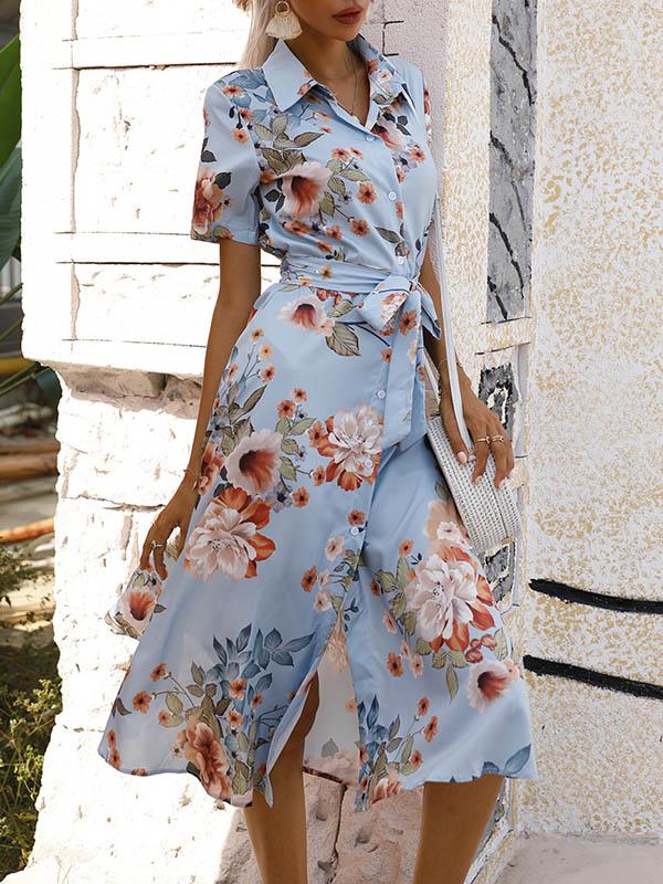 A-Line Loose Buttoned Flower Print Tied Waist Lapel Midi Dresses Product Image