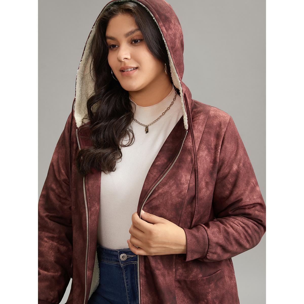 Plus Size Tie Dye Patchwork Fluffy Zipper Hooded Jacket Women Scarlet Lined Pocket Dailywear Jackets BloomChic 10/M Product Image