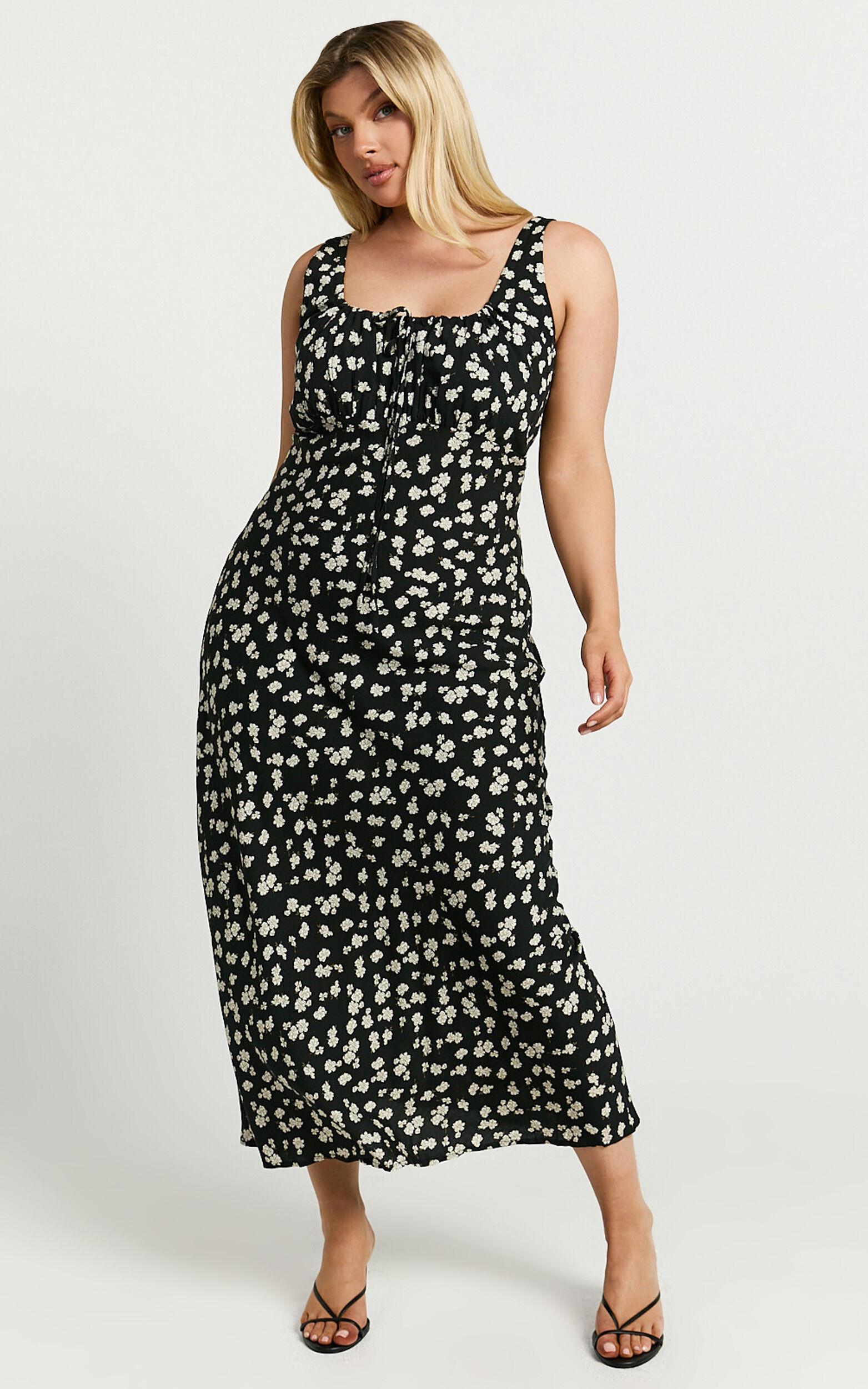 Elanora Midi Dress - Scoop Neck Keyhole Front Empire Waist Bias Cut Slip Dress in Black Wildflower Product Image