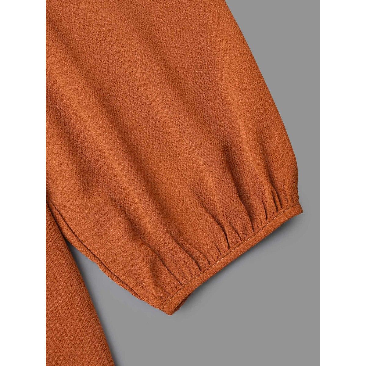 Plus Size Rust Notched Lace Trim Gathered Blouse Women Elegant Extra Long Sleeve Flat collar with V-notch Everyday Blouses BloomChic 30/6X Product Image