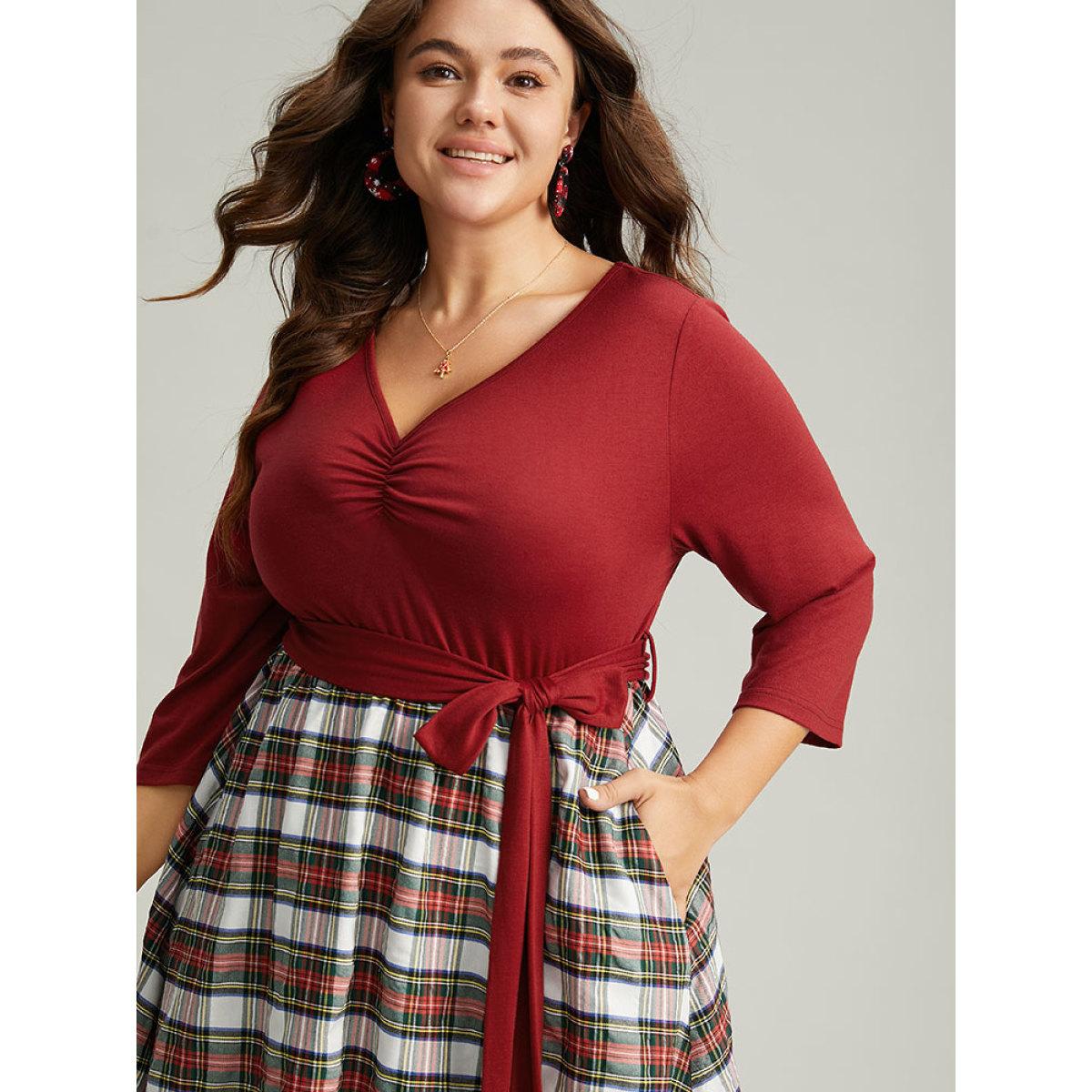 Plus Size Christmas Plaid Patchwork Ruched Belted Dress Red Women Work From Home Gathered V-neck Elbow-length sleeve Curvy Midi Dress BloomChic 12/L Product Image