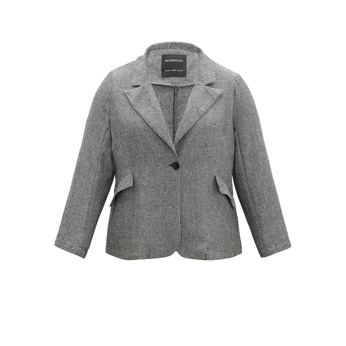 Plus Size Plain Textured Pocket Suit Collar Blazer Black Women Work Plain Texture Sleeve Long Sleeve Suit Collar 26/4X Pocket At the Office Blazers BloomChic Product Image