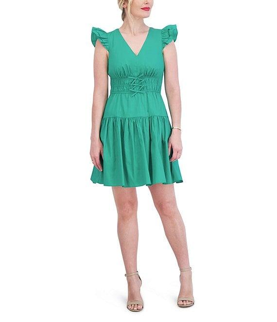Vince Camuto Ruffle Cap Sleeve V-Neck Cinched Tie Waist Ruffle Drop Waist Dress Product Image