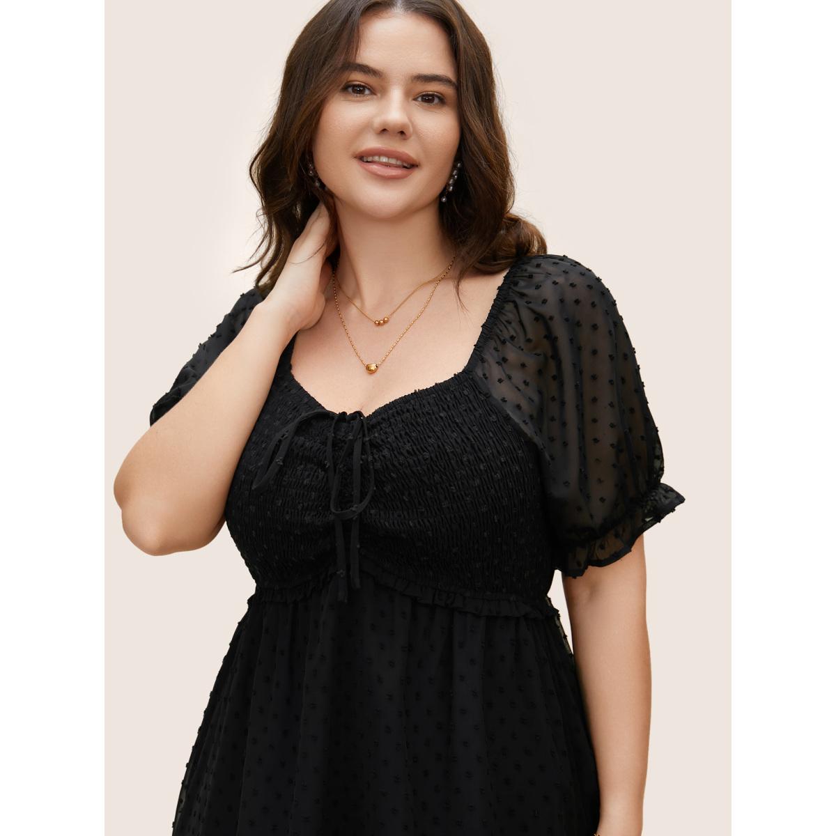 Plus Size Polka Dot Textured Mesh Shirred Drawstring Dress Black Women Romantic Texture V-neck Short sleeve Curvy BloomChic 22-24/3X Product Image