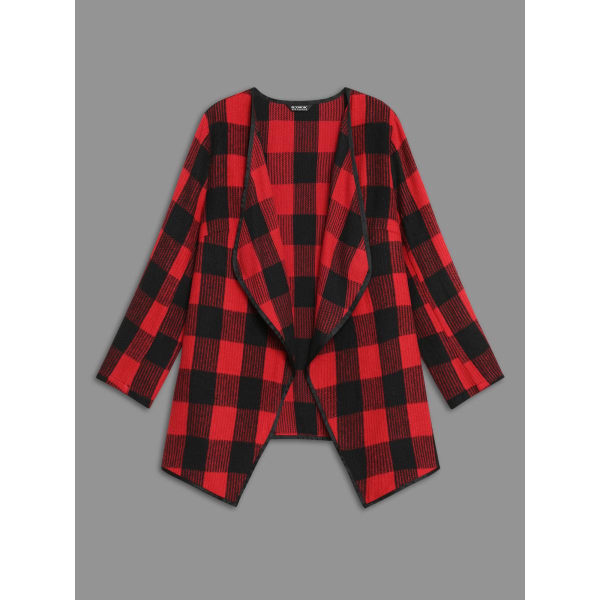 Plus Size Festive Plaid Curved Hem Cardigan Women Brightred Contrast Loose Side seam pocket Everyday Jackets BloomChic 14-16/1X Product Image