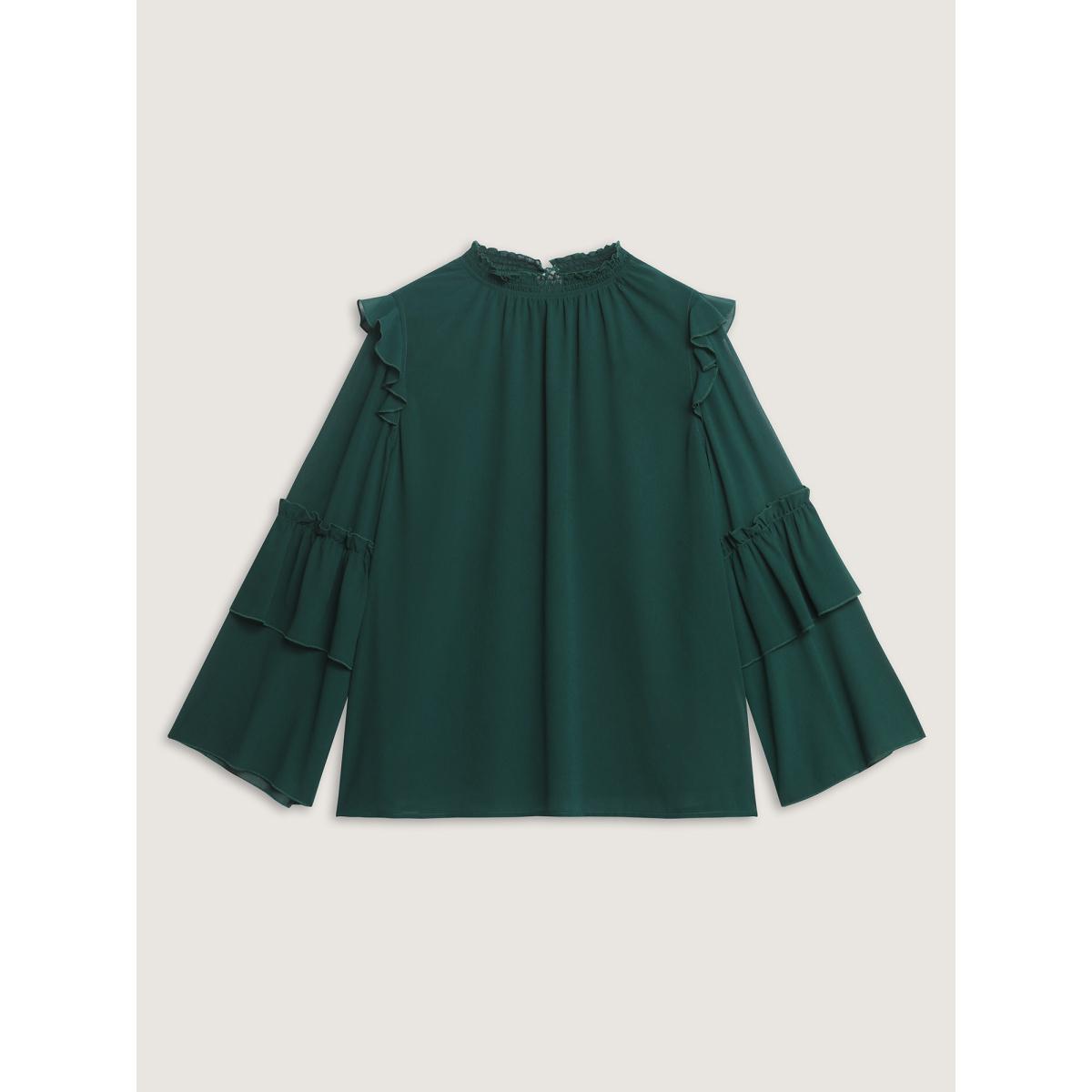 Plus Size Cyan Shirred Layered Ruffled Sheer Sleeve Blouse Women Timeless Long Sleeve Mock Neck Elegant Blouses BloomChic 26/4X Product Image