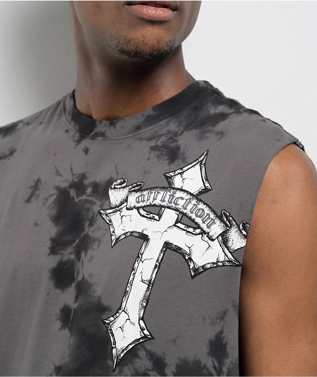 Afflicition Crossed Over Cutoff Black Tie Dye Tank Top Product Image