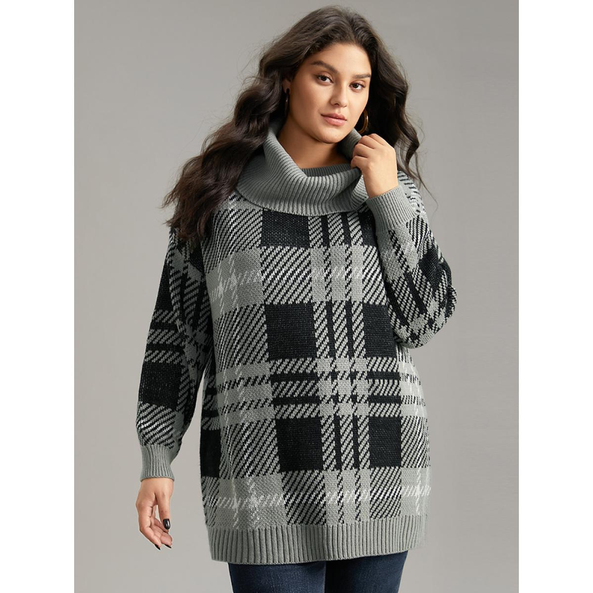Plus Size Plaid Turtle Neck Drop Shoulder Pullover Multicolor Women Casual Loose Long Sleeve Turtleneck Dailywear Pullovers BloomChic 26/4X Product Image