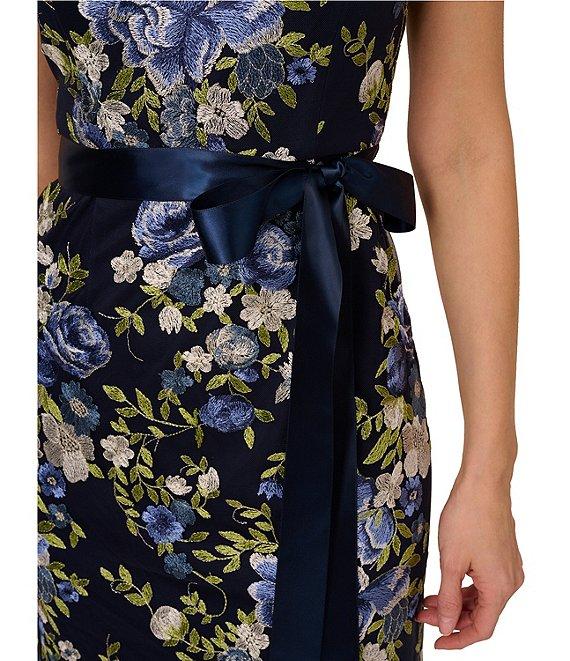 Adrianna Papell Embroidered Floral Print Square Neck Short Sleeve Tie Waist Column Gown Product Image