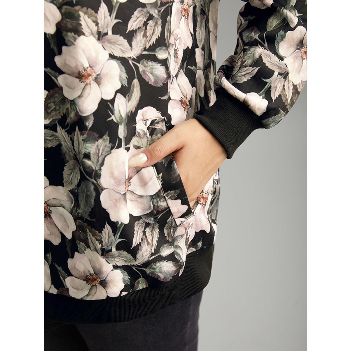 Plus Size Floral Print Patchwork Zipper Jacket Women BlackFlower Elastic cuffs Pocket Everyday Jackets BloomChic 14-16/1X Product Image