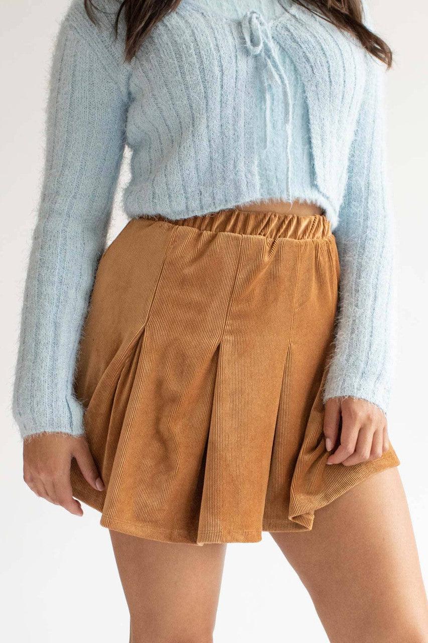Camel Pleated Corduroy Skater Skirt Product Image