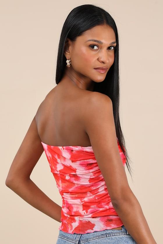 Maylin Red Abstract Print Mesh Strapless Top Product Image