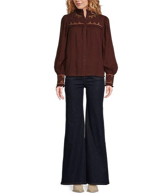 A Loves A Gauze Embroidery Split V-Neck Long Sleeve Button Front Blouse Product Image