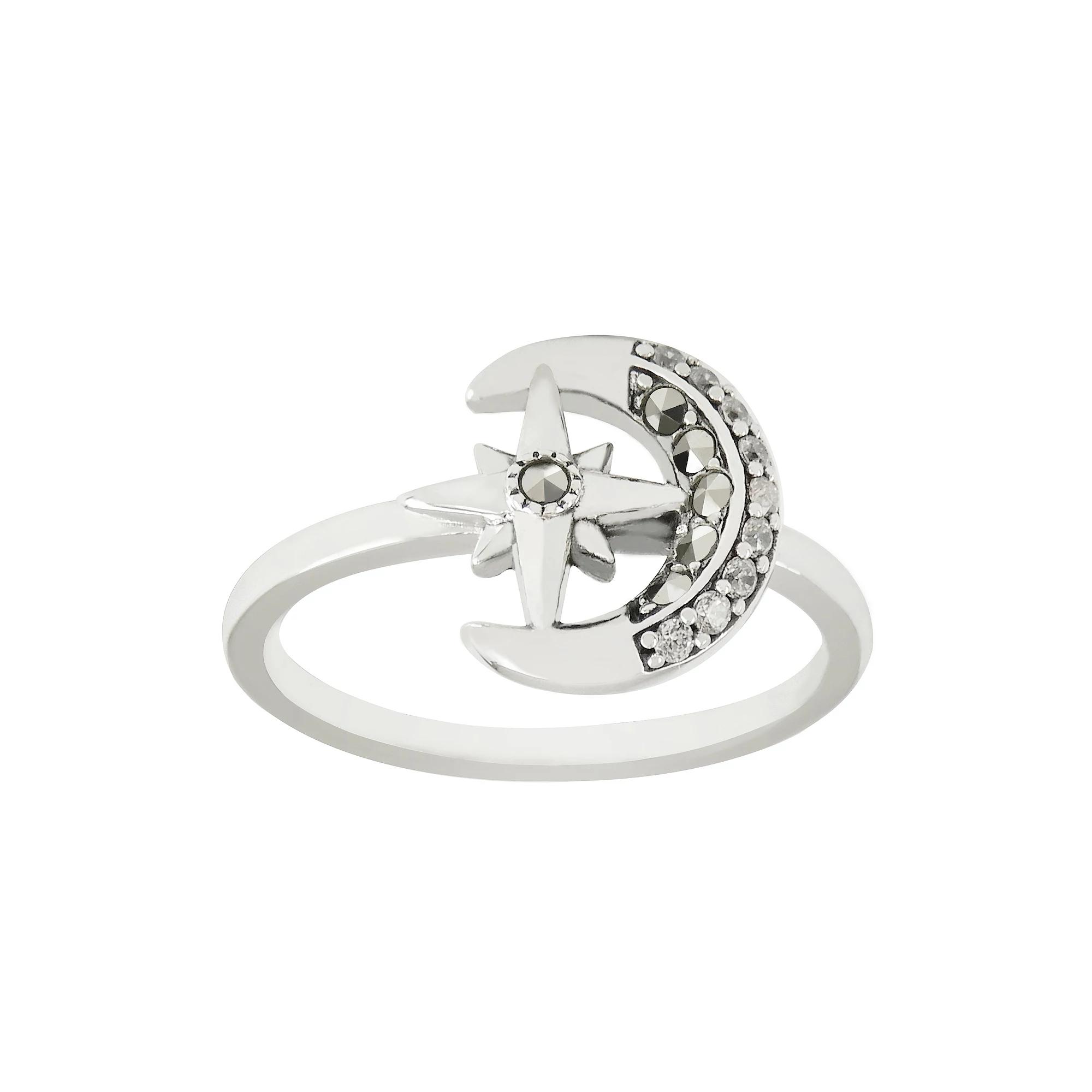 Lavish by TJM Sterling Silver Marcasite & Cubic Zirconia Moon & Star Slim Ring, Women's,  Product Image
