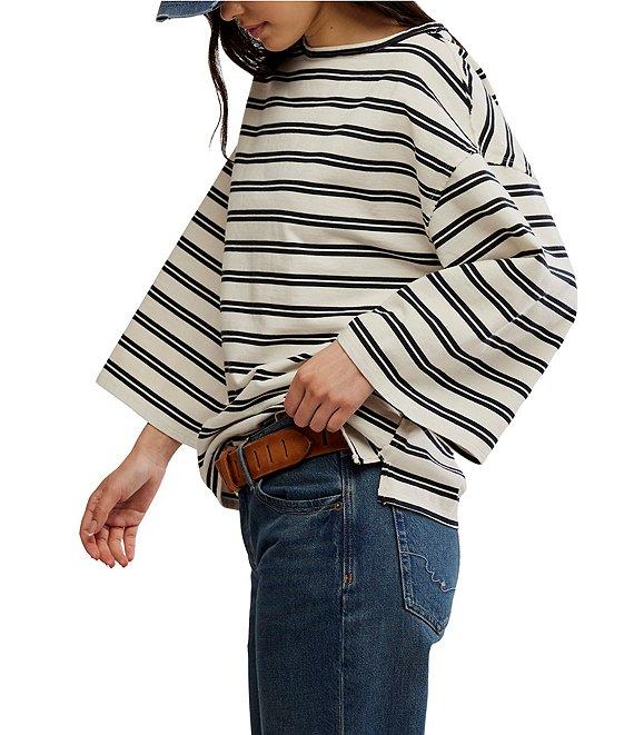 Free People We The Free C'est La Vie Stripe Print Boat Neck 3/4 Wide Sleeve Oversize Boxy Tee Product Image