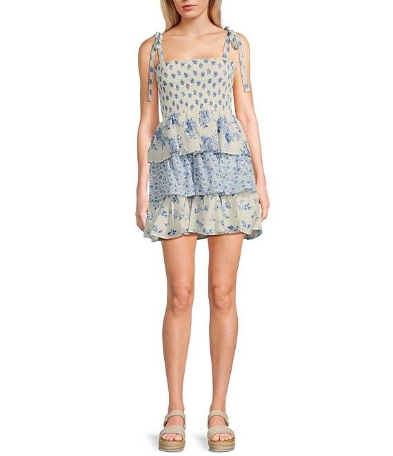 Midnight Doll Printed Tie Strap Smocked Bodice Tiered Mini Dress Product Image