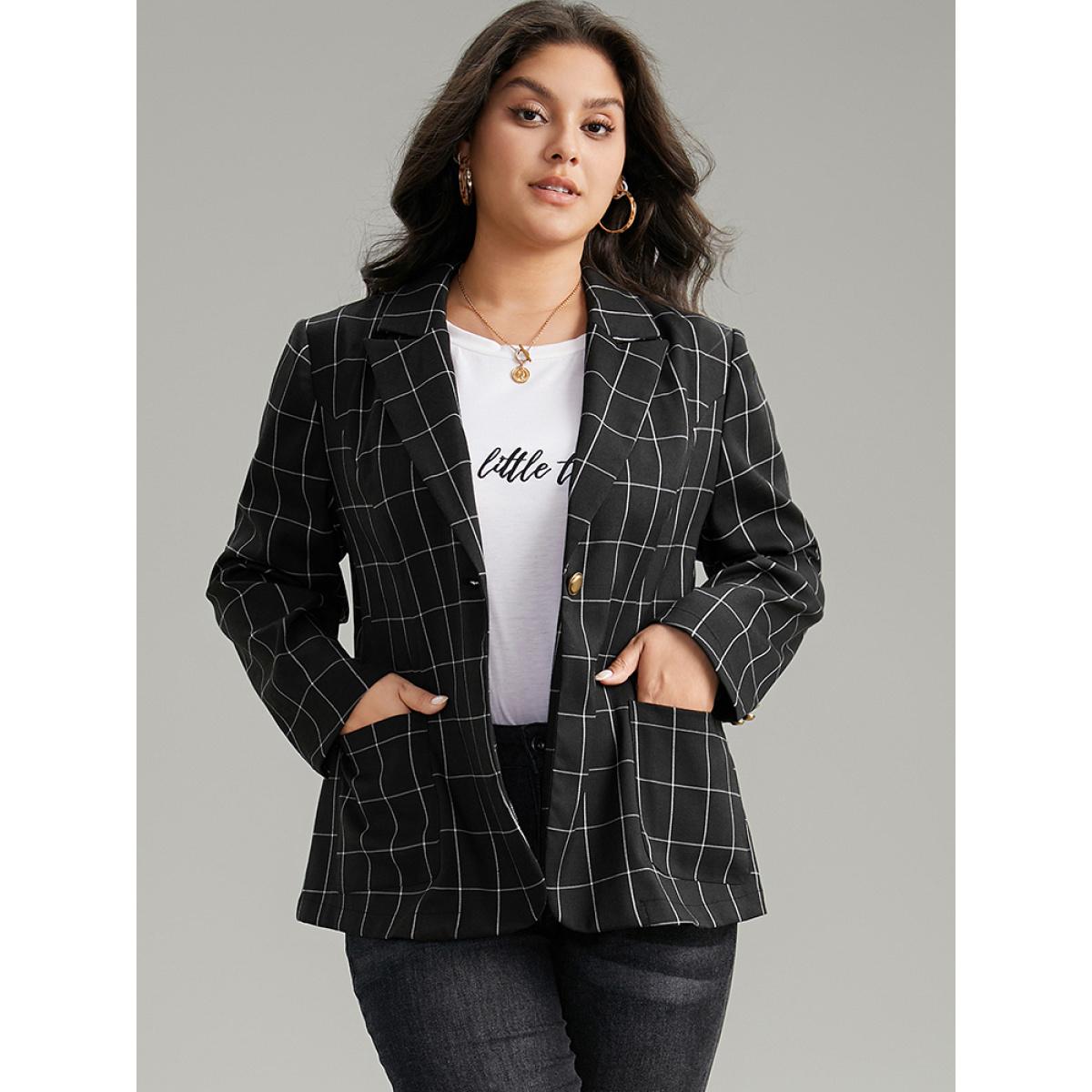 Plus Size Plaid Suit Collar Metal Detail Pocket Blazer Black Women Work Plaid Contrast Sleeve Long Sleeve Suit Collar 14-16/1X Pocket Work From Home Blazers BloomChic Product Image