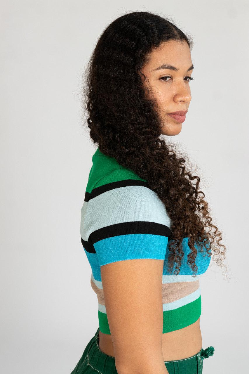 Short Sleeve Striped Teddy Bear Sweater Product Image