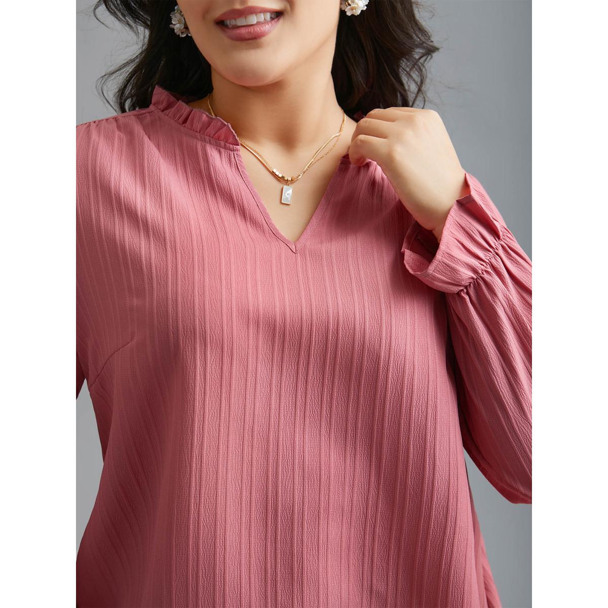 Plus Size DustyPink V Neck Frill Trim Textured Blouse Women Elegant Extra Long Sleeve V-neck Everyday Blouses BloomChic 30/6X Product Image
