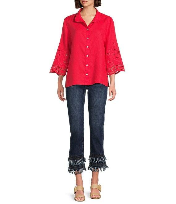 John Mark Wire Collar 3/4 Sleeves Embroidered Eyelet Shirt Product Image