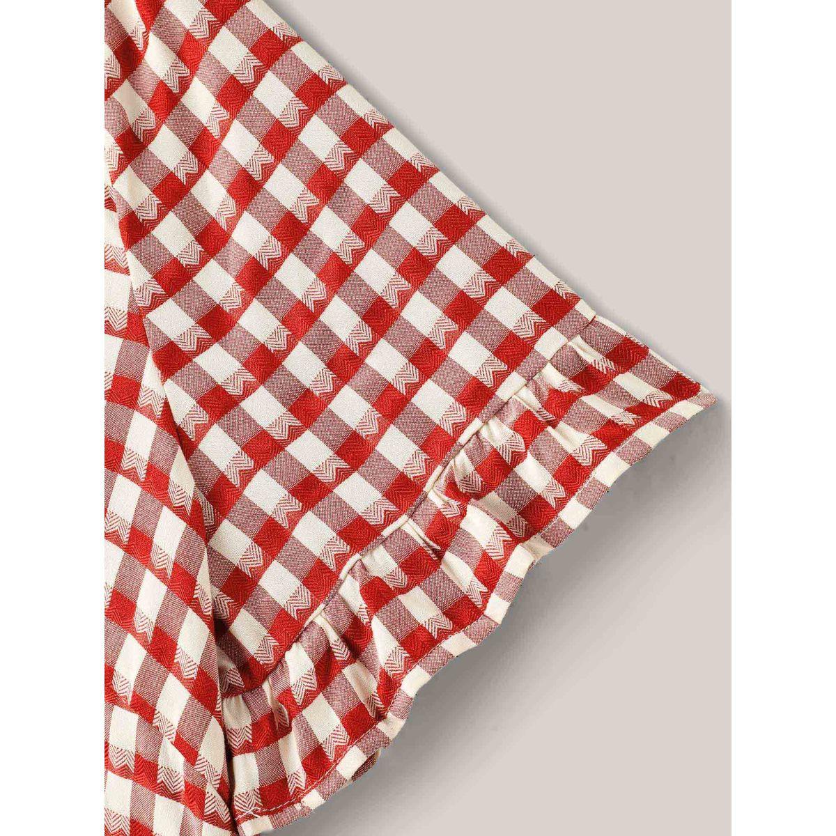 Plus Size Brightred Gingham Print Button Back Blouse Women Short sleeve Round Neck Everyday-Casual Blouses BloomChic 12/L Product Image