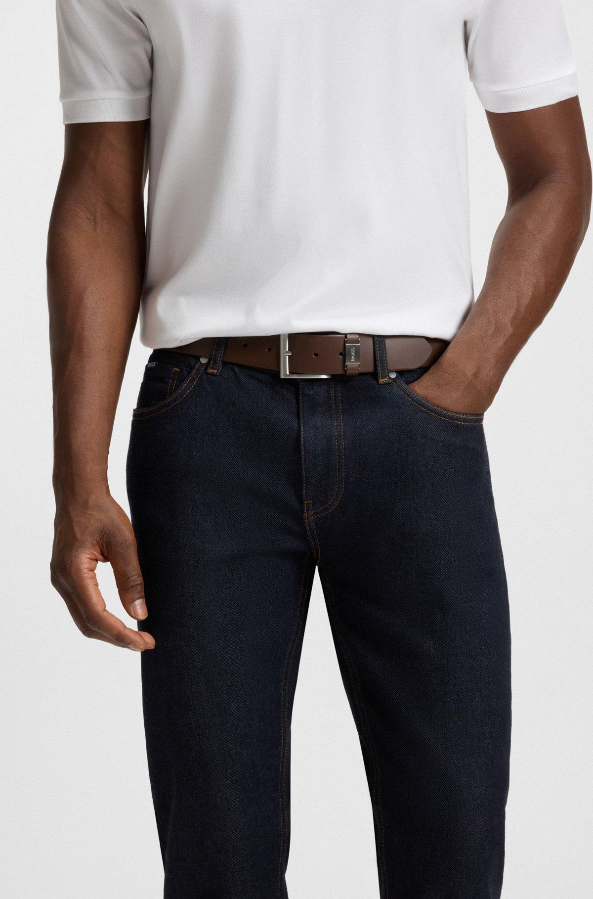 Italian-leather belt with logo keeper and brushed hardware Product Image