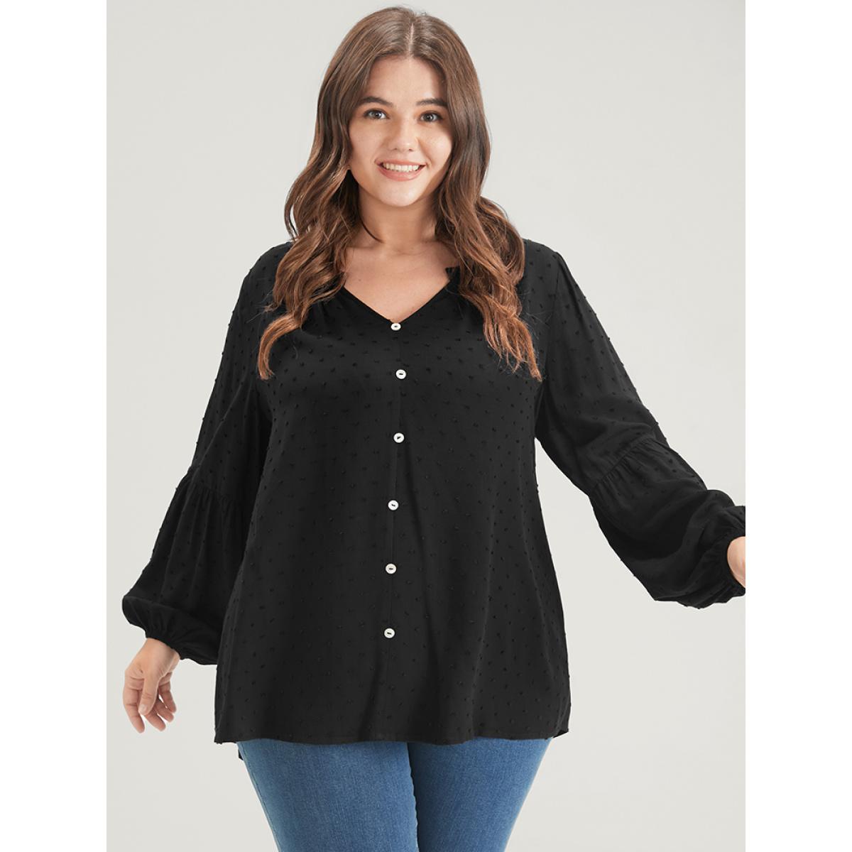 Plus Size Black Solid Button Lantern Sleeve Polka Dot Blouse Women Basics Cap Sleeve V-neck Office Blouses BloomChic 28/5X Product Image